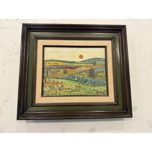 🌻 Vintage Framed Folk Art Landscape Painting | Whimsical Fields & Sunset 🌻